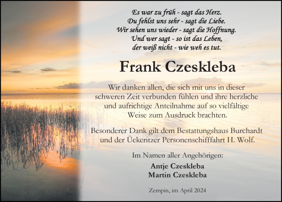 Traueranzeige von Frank Czeskleba von Ostsee-Zeitung GmbH