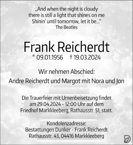 Traueranzeige von Frank Reicherdt von Leipziger Volkszeitung