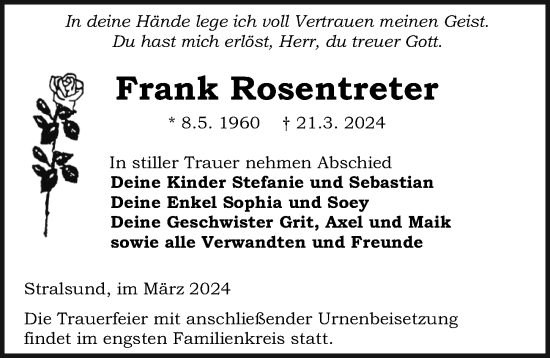 Traueranzeige von Frank Rosentreter von Ostsee-Zeitung GmbH