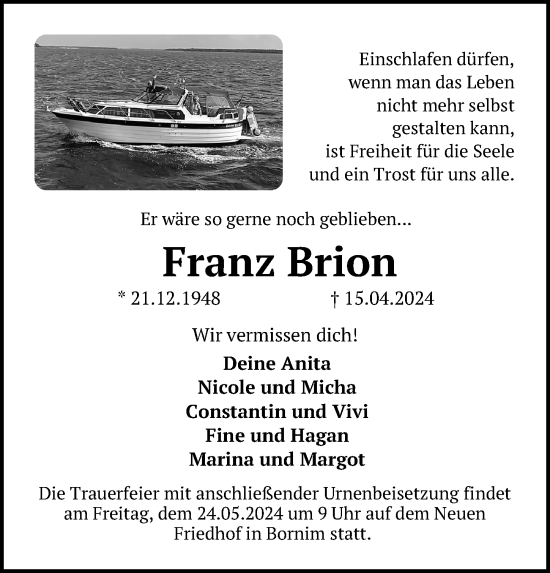 Traueranzeige von Franz Brion von Märkischen Allgemeine Zeitung