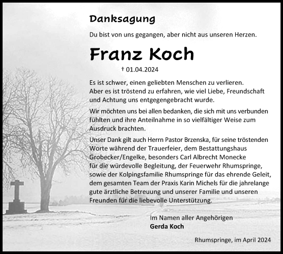 Traueranzeige von Franz Koch von Eichsfelder Tageblatt