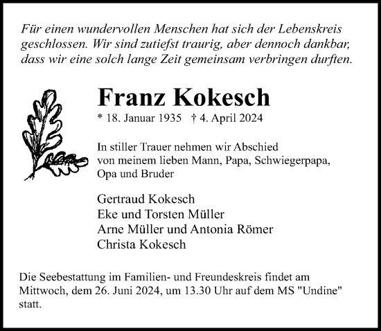 Traueranzeige von Franz Kokesch von Ostsee-Zeitung GmbH