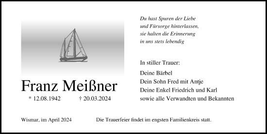 Traueranzeige von Franz Meißner von Ostsee-Zeitung GmbH