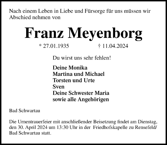 Traueranzeige von Franz Meyenborg von Lübecker Nachrichten