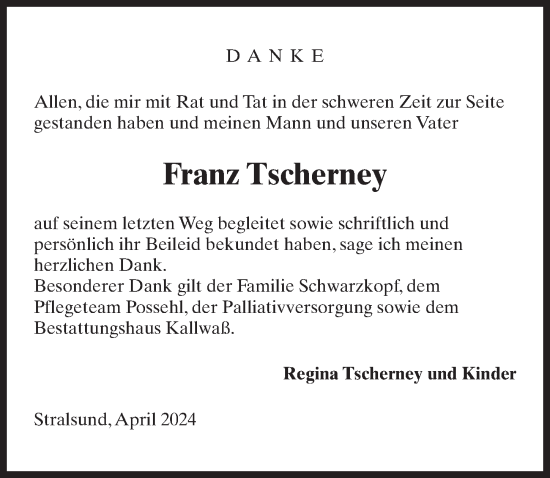 Traueranzeige von Franz Tscherney von Ostsee-Zeitung GmbH