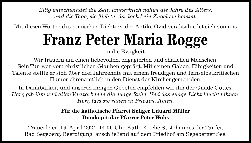  Traueranzeige für Franz Peter Maria Rogge vom 18.04.2024 aus Kieler Nachrichten