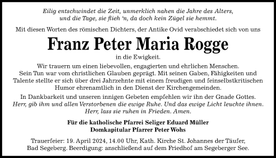 Traueranzeige von Franz Peter Maria Rogge von Kieler Nachrichten