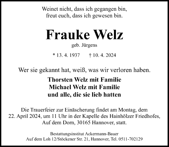 Traueranzeige von Frauke Welz von Hannoversche Allgemeine Zeitung/Neue Presse