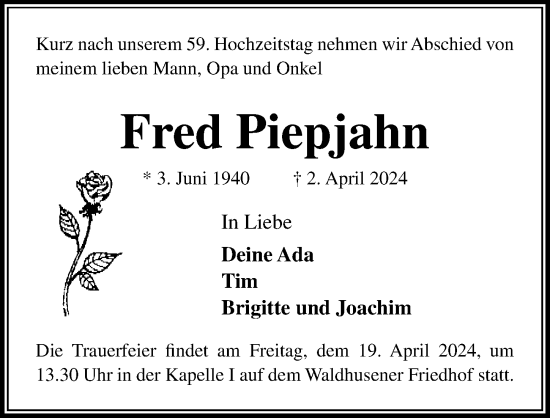 Traueranzeige von Fred Piepjahn von Lübecker Nachrichten
