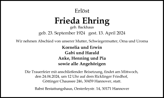 Traueranzeige von Frieda Ehring von Hannoversche Allgemeine Zeitung/Neue Presse
