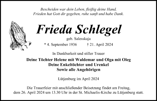 Traueranzeige von Frieda Schlegel von Kieler Nachrichten