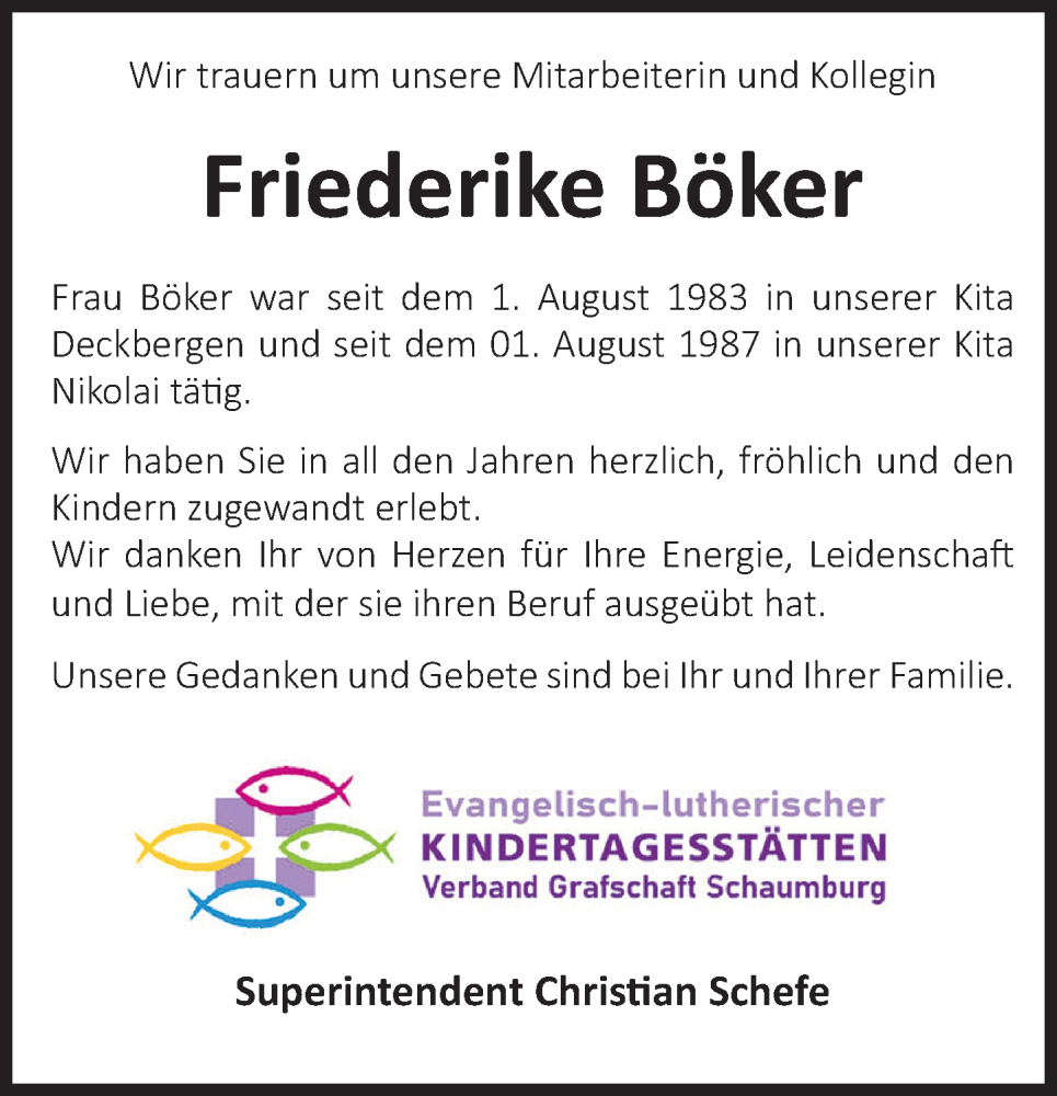  Traueranzeige für Friederike Böker vom 27.04.2024 aus Schaumburger Zeitung/ Landes-Zeitung
