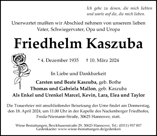 Traueranzeige von Friedhelm Kaszuba von Hannoversche Allgemeine Zeitung/Neue Presse