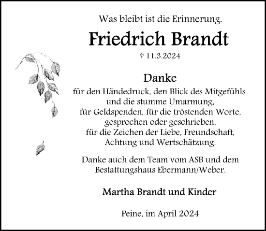 Traueranzeige von Friedrich Brandt von Peiner Allgemeine Zeitung