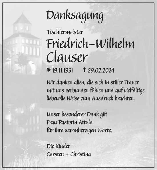 Traueranzeige von Friedrich-Wilhelm Clauser von Ostsee-Zeitung GmbH