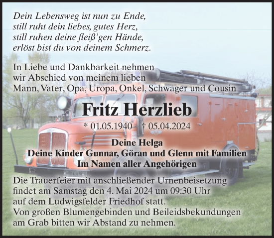 Traueranzeige von Fritz Herzlieb von Märkischen Allgemeine Zeitung