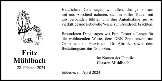 Traueranzeige von Fritz Mühlbach von Peiner Allgemeine Zeitung