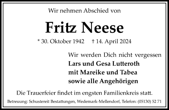 Traueranzeige von Fritz Neese von Hannoversche Allgemeine Zeitung/Neue Presse