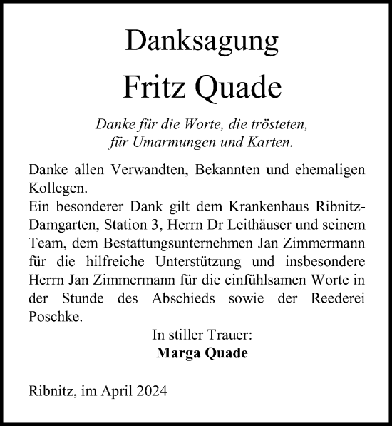 Traueranzeige von Fritz Quade von Ostsee-Zeitung GmbH