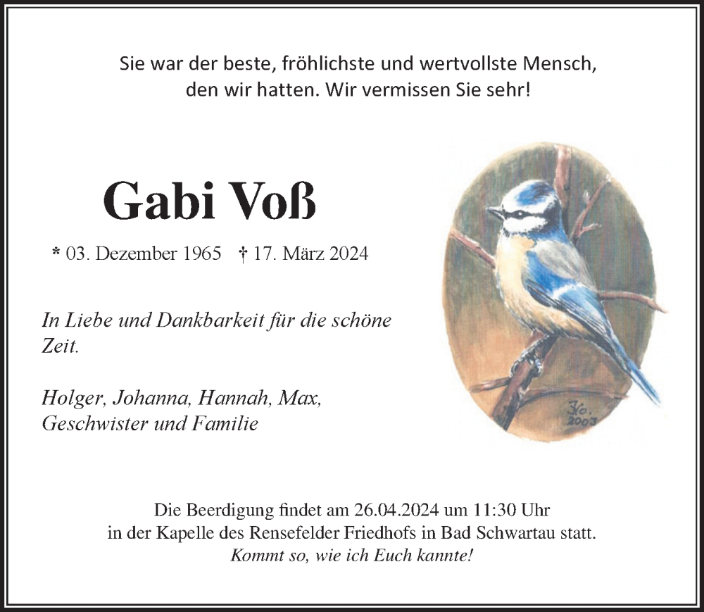  Traueranzeige für Gabi Voß vom 14.04.2024 aus Lübecker Nachrichten