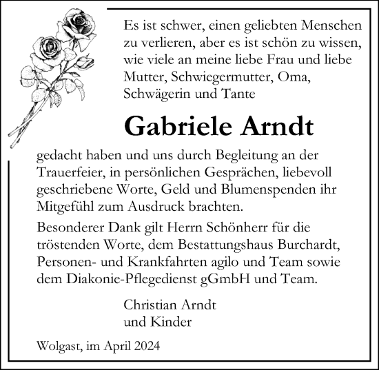 Traueranzeige von Gabriele Arndt von Ostsee-Zeitung GmbH