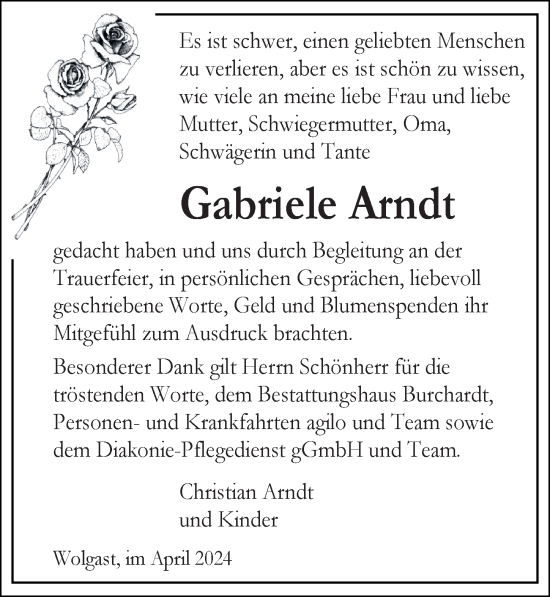 Traueranzeige von Gabriele Arndt von Ostsee-Zeitung GmbH