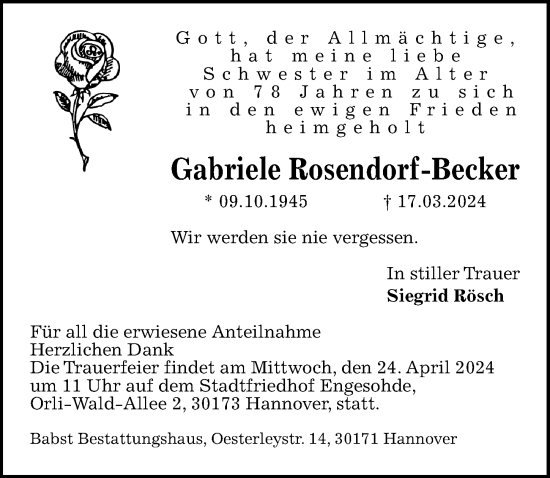 Traueranzeige von Gabriele Rosendorf-Becker von Hannoversche Allgemeine Zeitung/Neue Presse