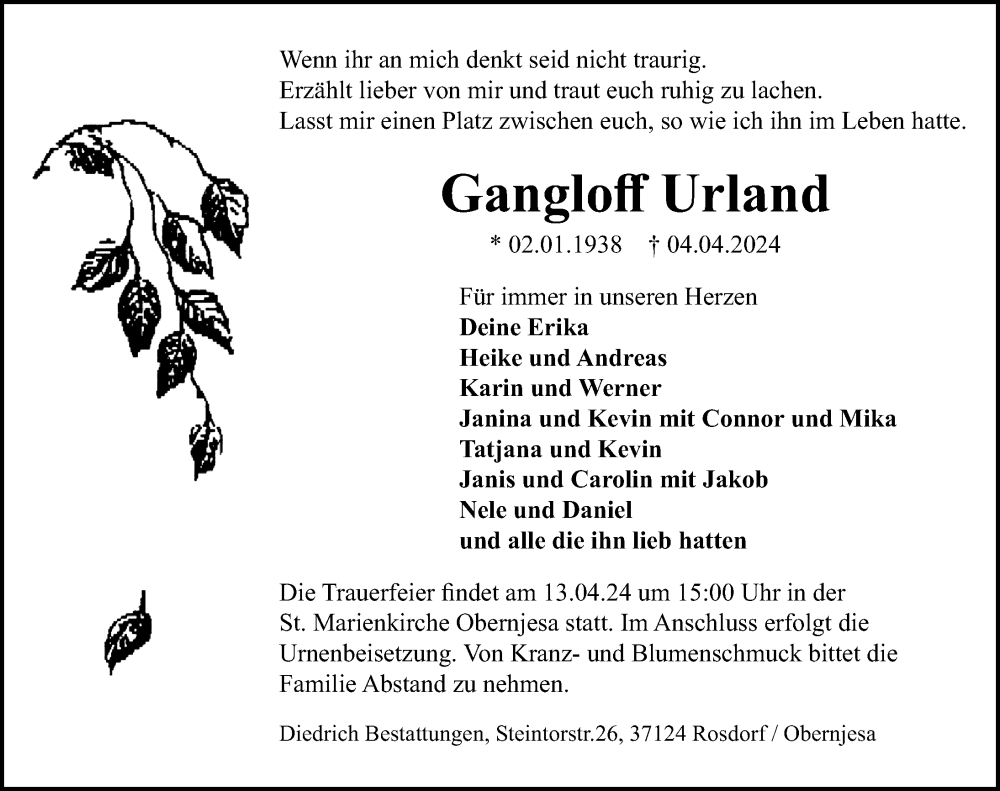  Traueranzeige für Gangloff Urland vom 10.04.2024 aus Göttinger Tageblatt