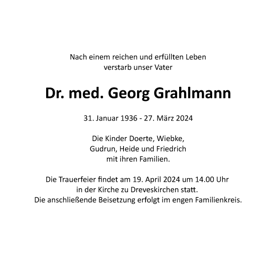 Traueranzeige von Georg Grahlmann von Ostsee-Zeitung GmbH