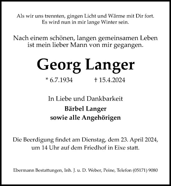 Traueranzeige von Georg Langer von Peiner Allgemeine Zeitung