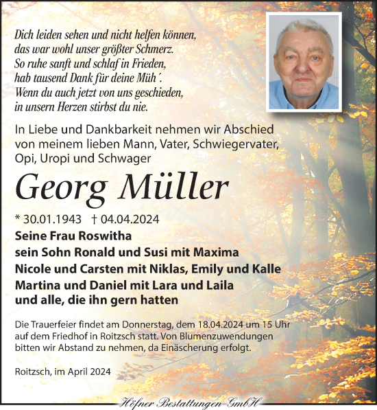 Traueranzeige von Georg Müller von Torgauer Zeitung