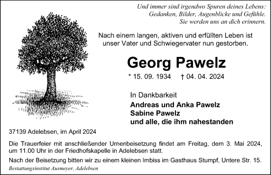 Traueranzeige von Georg Pawelz von Göttinger Tageblatt