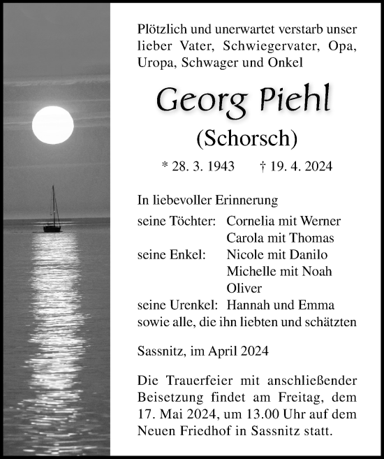 Traueranzeige von Georg Piehl von Ostsee-Zeitung GmbH