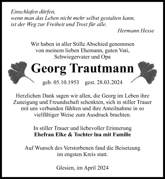 Traueranzeige von Georg Trautmann von Leipziger Volkszeitung