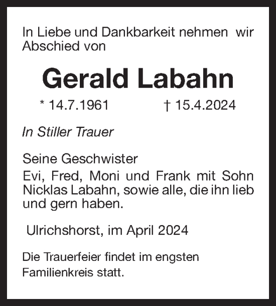 Traueranzeige von Gerald Labahn von Ostsee-Zeitung GmbH