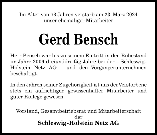 Traueranzeige von Gerd Bensch von Kieler Nachrichten