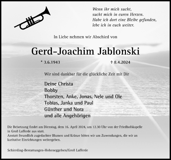 Traueranzeige von Gerd-Joachim Jablonski von Peiner Allgemeine Zeitung