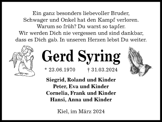 Traueranzeige von Gerd Syring von Kieler Nachrichten