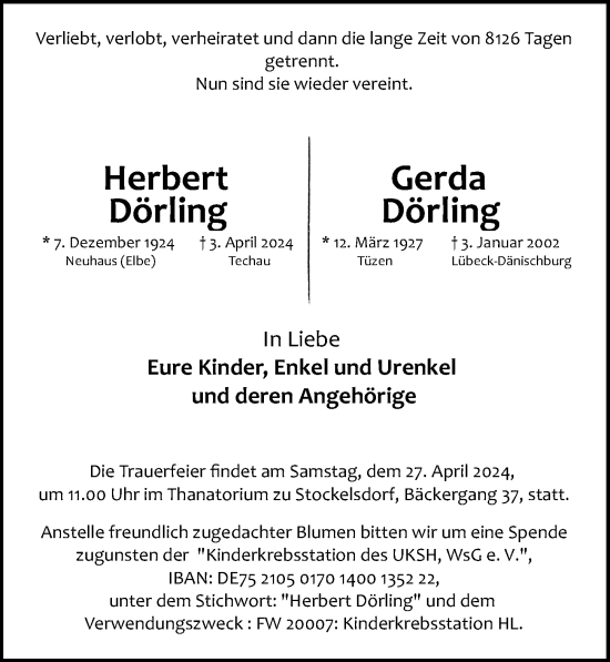 Traueranzeige von Gerda Dörling von Lübecker Nachrichten