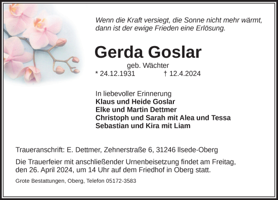 Traueranzeige von Gerda Goslar von Peiner Allgemeine Zeitung