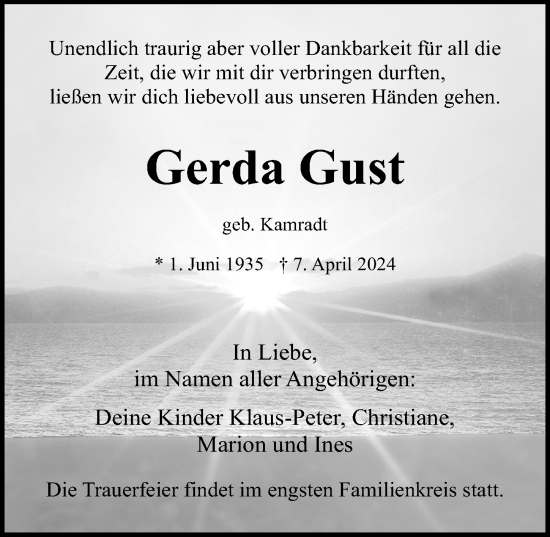 Traueranzeige von Gerda Gust von Ostsee-Zeitung GmbH