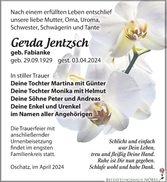Traueranzeige von Gerda Jentzsch von Leipziger Volkszeitung