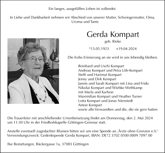 Traueranzeige von Gerda Kompart von Göttinger Tageblatt