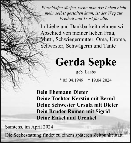 Traueranzeige von Gerda Sepke von Ostsee-Zeitung GmbH