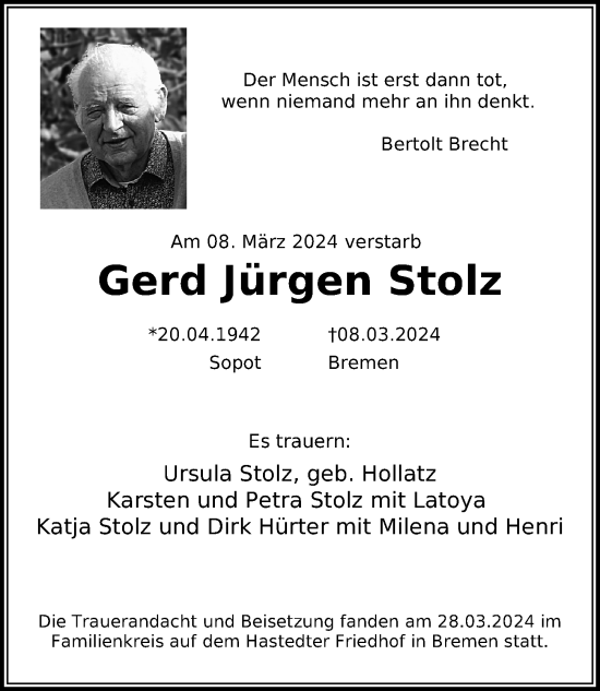 Traueranzeige von Gerd Jürgen Stolz von Ostsee-Zeitung GmbH