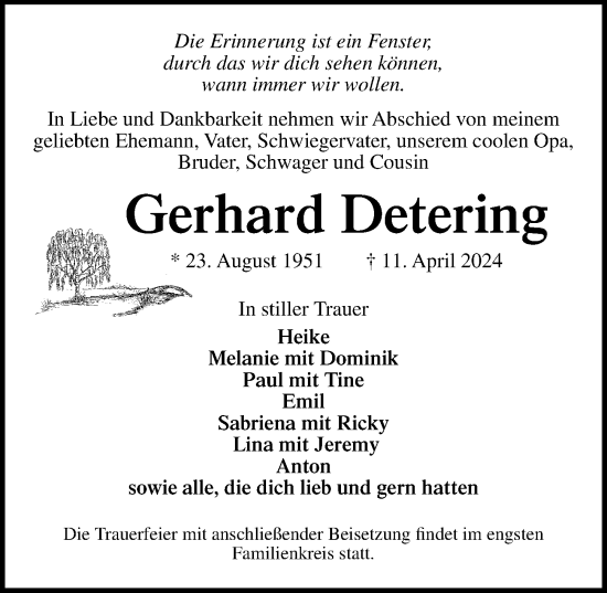 Traueranzeige von Gerhard Detering von Ostsee-Zeitung GmbH
