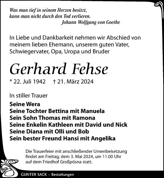 Traueranzeige von Gerhard Fehse von Leipziger Volkszeitung