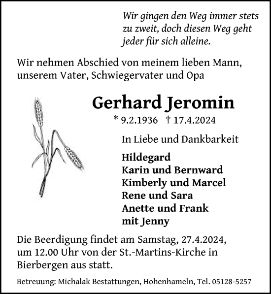 Traueranzeige von Gerhard Jeromin von Peiner Allgemeine Zeitung