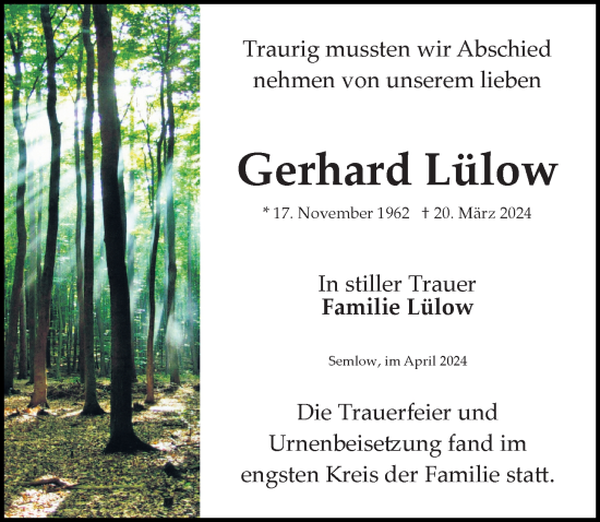 Traueranzeige von Gerhard Lülow von Ostsee-Zeitung GmbH