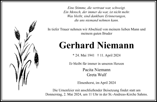 Traueranzeige von Gerhard Niemann von Lübecker Nachrichten